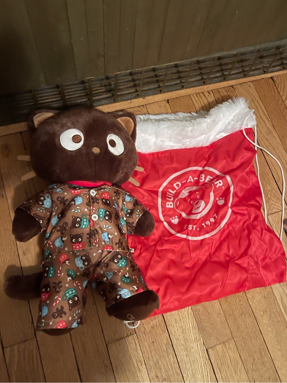Brown Sanrio Hot Chocolate Chococat Build-A-Bear with pajamas and travel bag